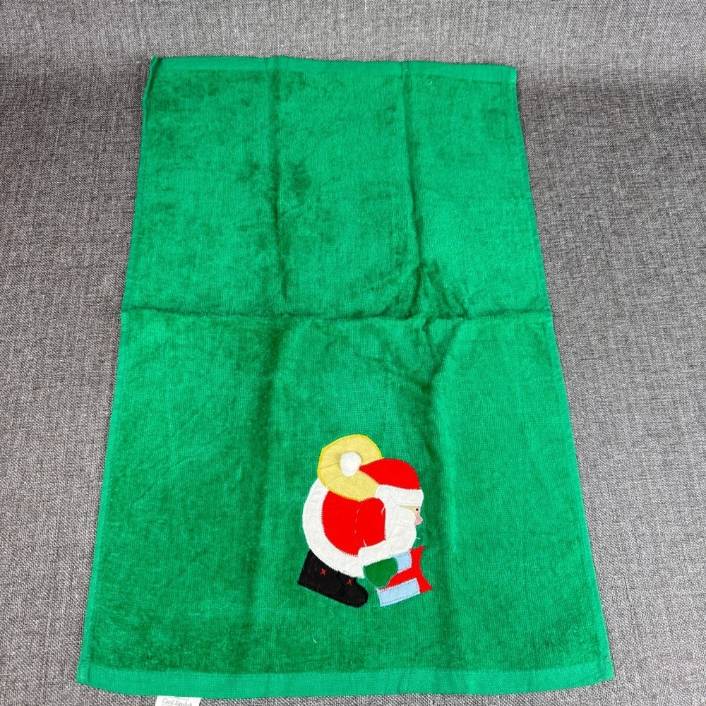 Cecil Saydah Christmas Towel Set 3pc Green Santa Applique Ramie Cotton Excellent